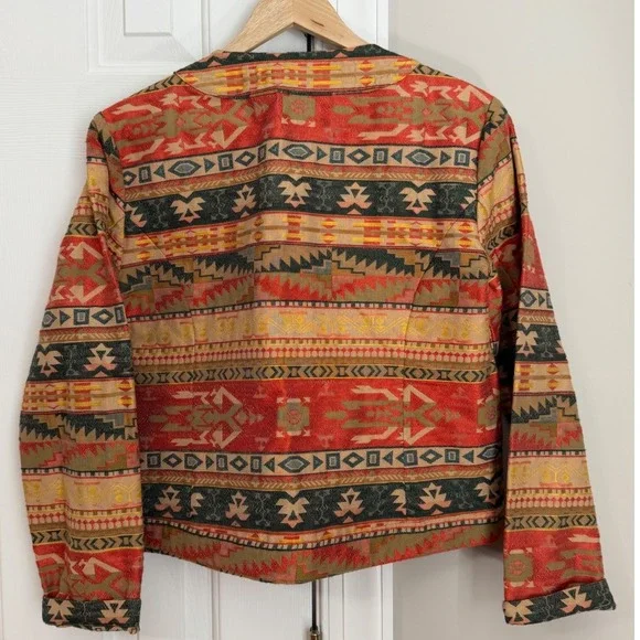 Chico's Southwestern Tapestry Button Front Jacket Womens Size 1 M Red Silk Blend - Picture 4 of 9